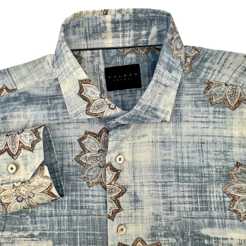 Calder Carmel Mens Large Blue Mandala Floral Cotton Button Up Shirt Limited Ed